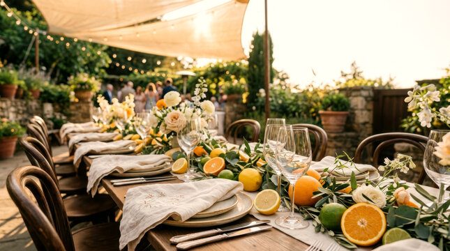 Intimate summer wedding reception on a shaded garden patio with linen napkins, citrus garlands, bentwood chairs, and a sailcloth canopy.