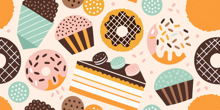 Pastries And Cookies Seamless Vector Pattern On Beige Background