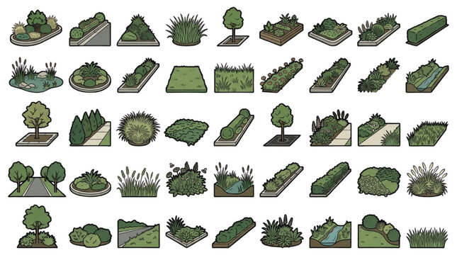 Isometric Landscape Terrain Blocks with Trees Grass Hedges and Water Paths