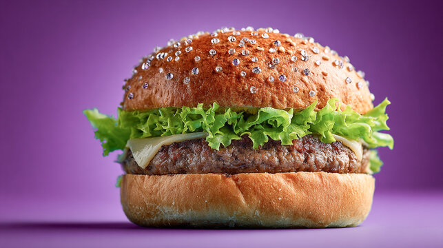 Gourmet cheeseburger with lettuce, beef patty, melted cheese, and sparkling crystals on a blue studio background.