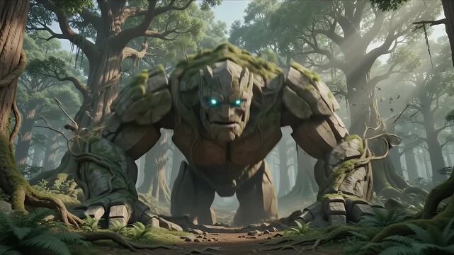 Enormous ancient stone golem awakens in a misty, sun-dappled enchanted forest with massive trees and lush foliage.