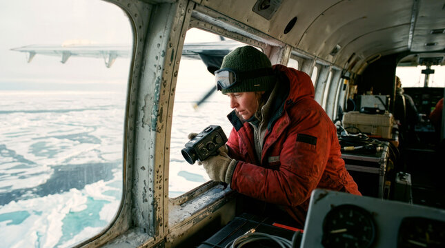 Climate scientist in a vintage twin-engine aircraft uses an infrared sensor to survey fractured Arctic sea ice.