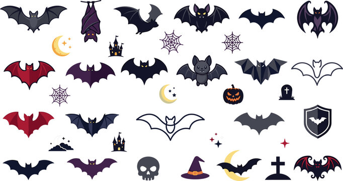 WebLarge Vector Collection of Spooky Bat Logo Badges Comparing Geometric Low Poly Shapes Solid Silhouettes Fine Line Art Outlines and Gothic Shield Emblems for Halloween Branding