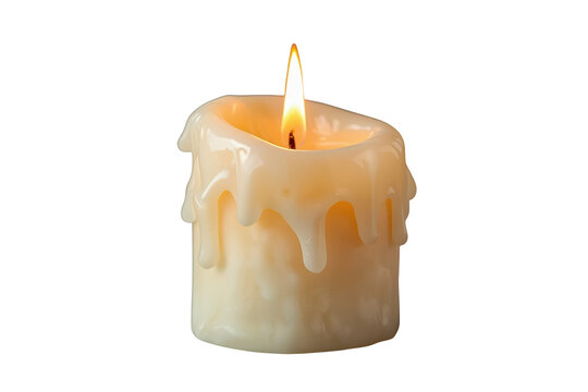 Short cream candle with heavy wax drips isolated