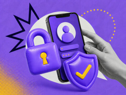 Mobile security shield guarding smartphone screen against cyber threats virus malware phishing and identity theft concept