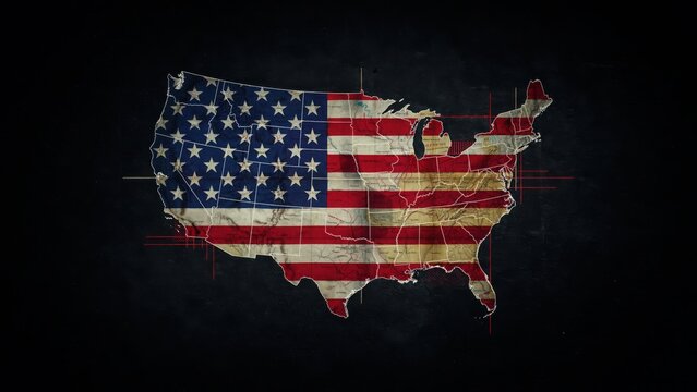 United states map jigsaw puzzle with american flag pattern on black background