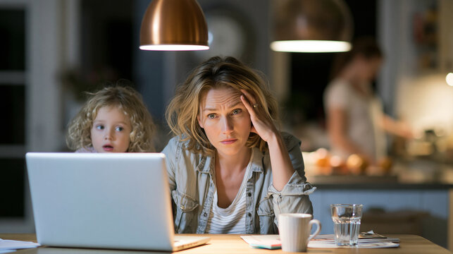 Frustrated Caucasian mother working late at home with child watching nearby.