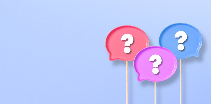 Question Mark design with colorful speech bubbles on blue background
