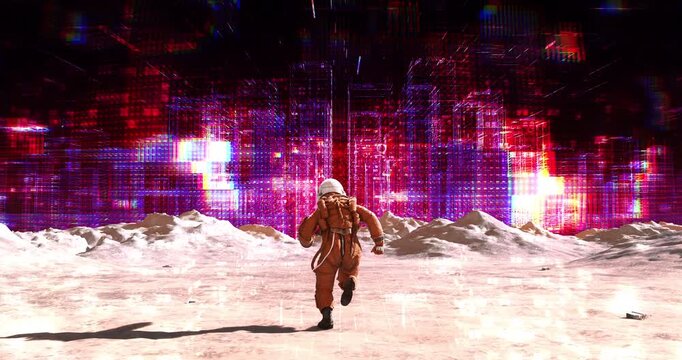 Futuristic astronaut running forward on cratered surface with glowing digital city. Abstract Digital Space City Concept.