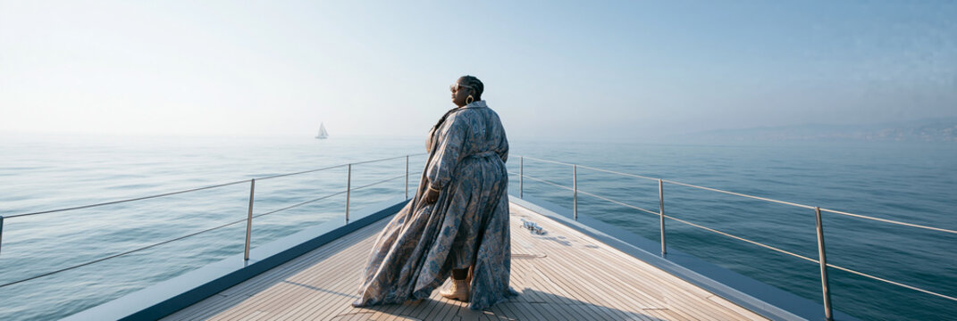 A contemplative woman gazes out over tranquil waters on a foggy morning.