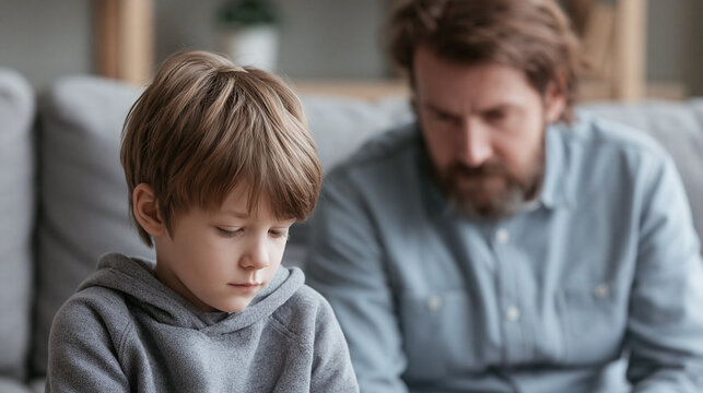 A contemplative boy and a concerned man sharing a quiet moment indoors.