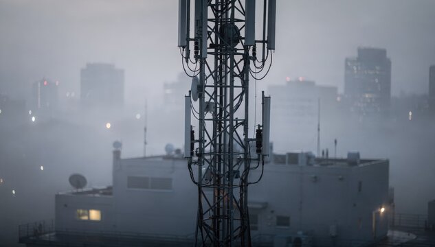 Closeup on the tall FM antenna mast sharply defined surrounded by the hazy outline of the transmitter building and soft cityscape under early evening fog.