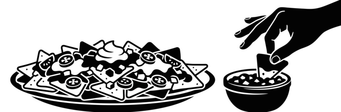 A black and white illustration of a plate of nachos and a hand dipping a chip into salsa.
