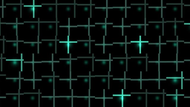 A seamless pattern of glowing teal crosses animates against a solid black background.