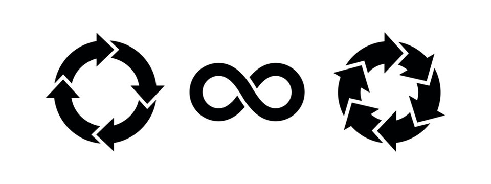 Recycling and Infinity Loop Icons. Circular arrows, continuous process, and endless cycle symbols.