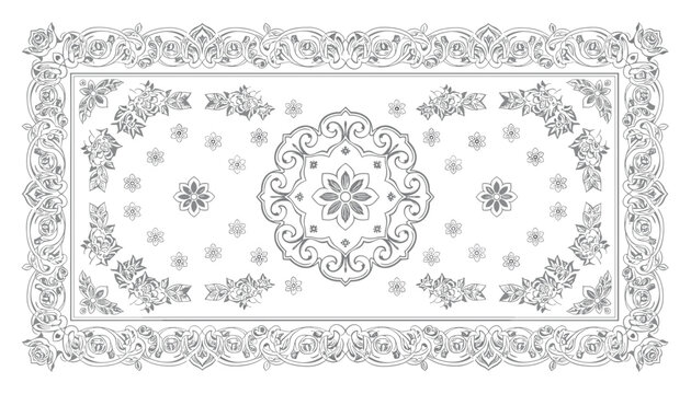 Traditional rug pattern showcasing intricate floral motifs and ornamental borders in a grey outline design.