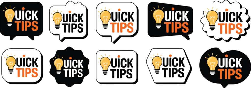 Quick tips icon set featuring helpful advice symbols lightbulb checkmark arrows tools and simple guidance illustrations
