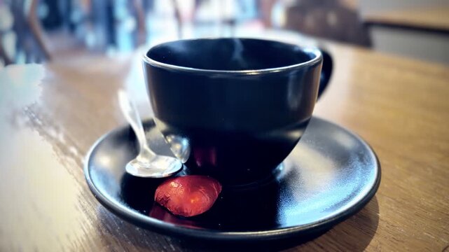 Steaming Espresso Cup with Red Chocolate Heart on Cafe Table