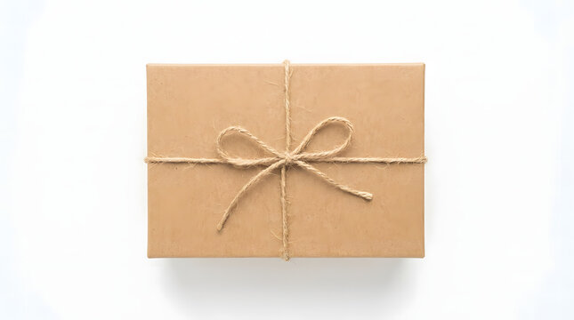 Parcel box wrapped in brown craft paper with rustic twine rope bow isolated on white space.