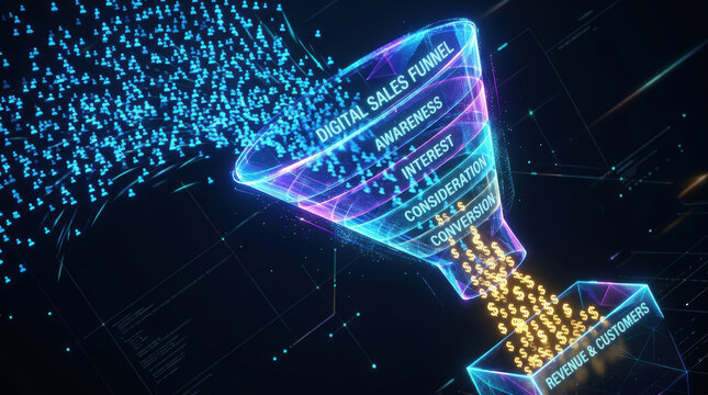 Digital sales funnel with awareness interest consideration and conversion stages showing retail tech and e commerce revenue flow futuristic concept
