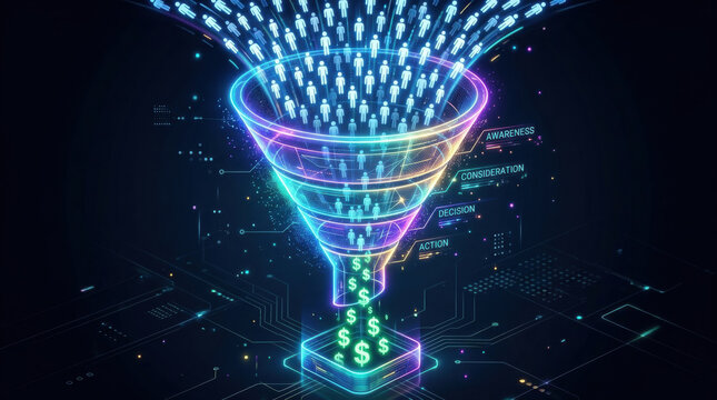 Digital marketing funnel with human flowing through stages of awareness, consideration, decision, and action retail tech e commerce context