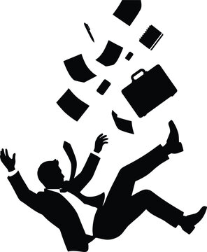 Silhouette of businessman falling backwards with briefcase and scattering documents isolated on white background concept