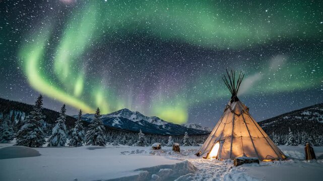 An illuminated tipi sits in a snowy landscape with mountains under a starry sky and the aurora borealis. The scene features vibrant, glowing colors in the sky.