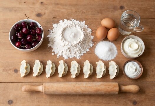 Preparing homemade cherry dumplings with fresh ingredients laid out on a wooden table