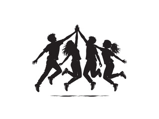 Group of young people jumping and celebrating together. Youthful friends enjoying outdoor fun and friendship.