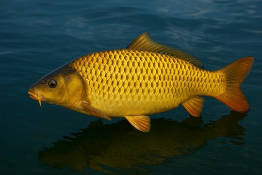 Golden common carp swimming in clear water, vivid scales and barbels visible, freshwater fish side view.