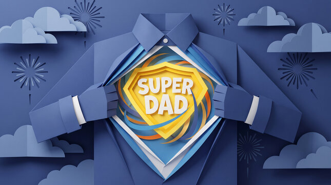 Paper cut illustration of a blue suit opening to reveal a yellow 'SUPER DAD' superhero chest shield with fireworks and clouds on blue background, Father's Day promo banner.