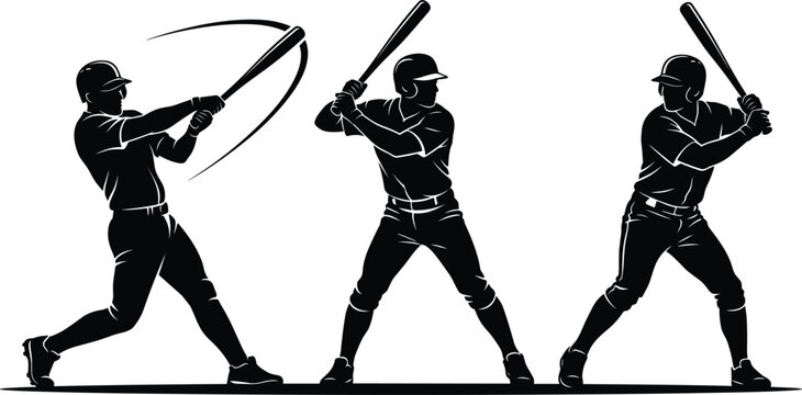 Black and white silhouette set of baseball players swinging bat in different batting poses and action stances