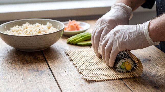 Chef hands rolling fresh maki sushi with bamboo mat on wooden table