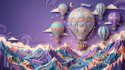 Obraz premium Fantasy paper cut landscape with ornamental hot air balloons flying over purple mountains, river, and village, magical wanderlust journey and adventure background with copy space.