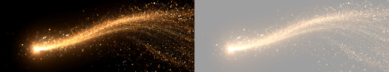 Naklejka premium Golden glitter trail with glowing sparkles on transparent background. Glowing wave dust effect for luxury design banner