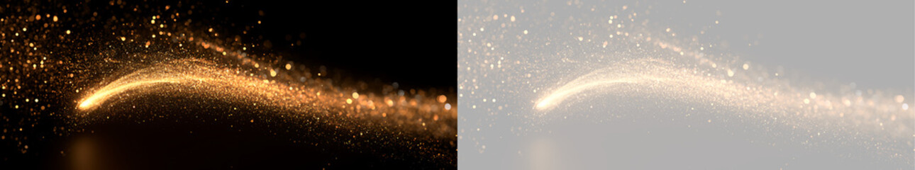 Glowing golden stardust comet trail overlay effect. Shimmering gold glitter wave on transparent background banner © Oksana