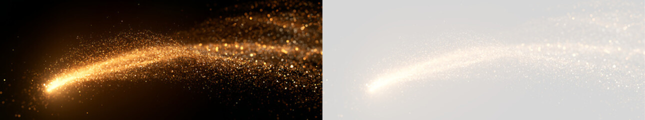 Glowing golden glitter trail with sparkling particles. Abstract magic stardust wave on transparent background. Christmas and celebration light effect overlay © Oksana