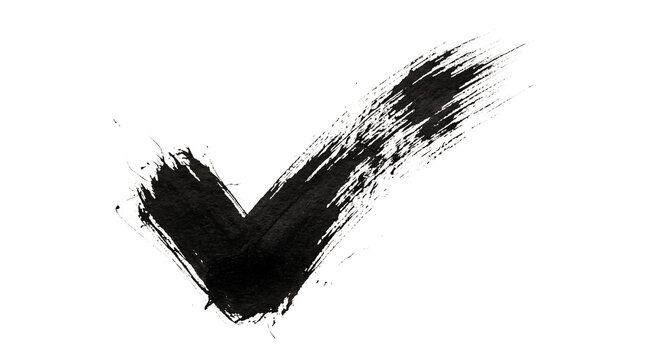 Grunge black ink check mark, hand painted brush stroke tick symbol, textured acrylic checkmark for success and approval concepts isolated PNG with Transparent Background