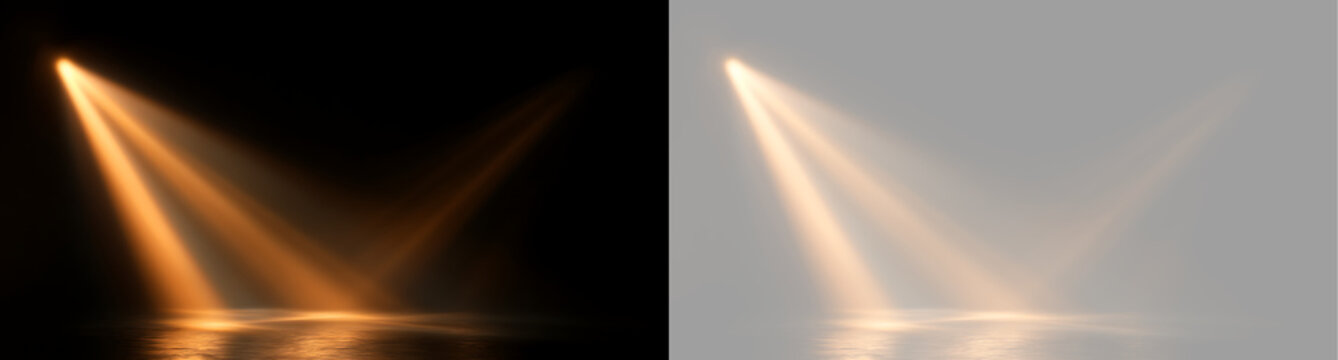 Warm golden spotlight beams shining on dark stage floor. Stage lighting effect overlay on transparent background