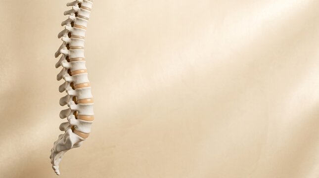 Human spine anatomy model on warm beige background with copy space