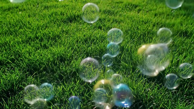 Bubbles floating over green grass outdoors