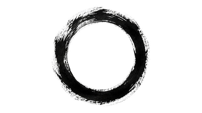 Zen enso circle in black ink, hand drawn brush stroke ring, minimalist japanese calligraphy art, textured circular paint frame for graphic design isolated PNG with Transparent Background