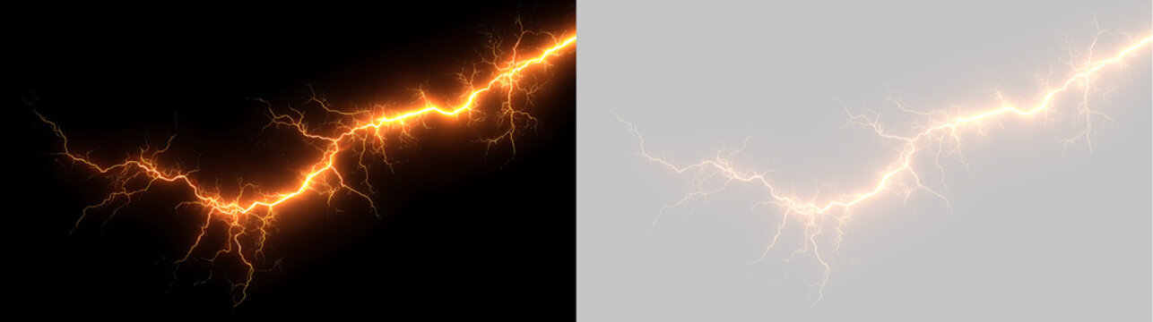 Powerful orange electric lightning bolt overlay element. Zigzag plasma spark discharge on transparent background