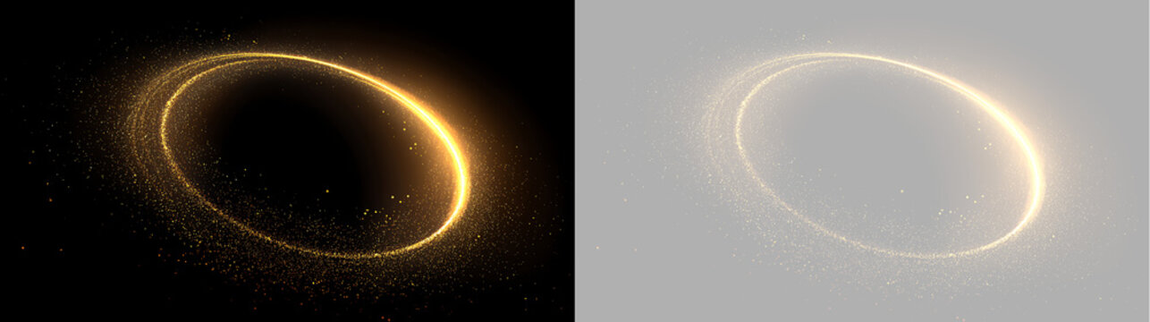 Glowing golden oval light ring on transparent and black background. Tilted particle swirl frame and luminous portal halo. Golden glitter circle effect