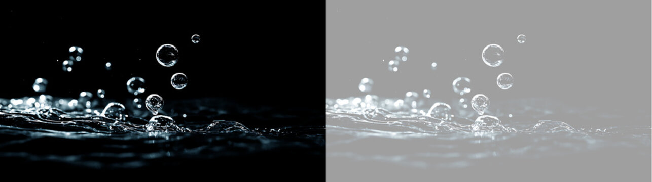 Water bubbles rising from liquid surface with splash droplets. Isolated macro water effect on black and transparent background