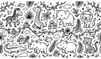 Obraz premium Seamless Cartoon Safari Animal Pattern Hand Drawn Doodle Outline Jungle Vector