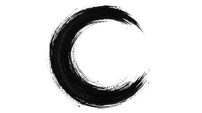 Zen enso circle in black ink brush stroke, hand drawn japanese calligraphy symbol, minimalist ink wash painting for meditation and mindfulness isolated PNG with Transparent Background