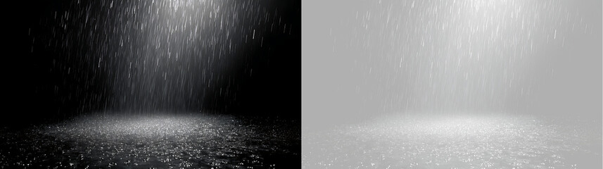 Fototapeta premium Pouring rain overlay effect with overhead spotlight. Falling water drops hitting wet ground surface