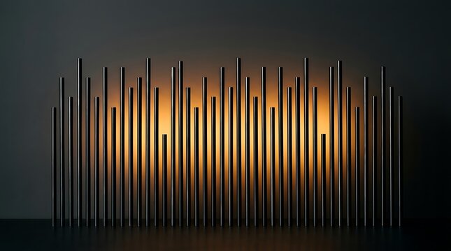 Abstract background featuring a futuristic white minimalist design with vertical metallic pillars illuminated by a warm golden glowing light source
