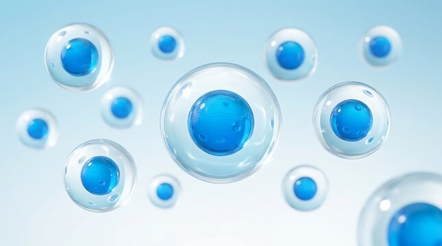 Abstract futuristic white minimalist background featuring floating blue spheres and transparent liquid bubbles for modern medical or scientific design